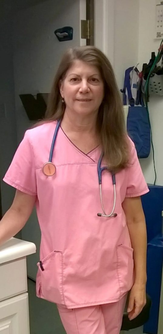 Female veterinarian in pink scrubs with stethoscope in clinic hallway